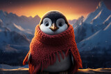 portrait of a penguin in a scarf among a snowy mountain landscape.