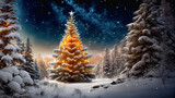 Christmas tree with star and fairy-lights standing in a winter forest, starry night in a background.
