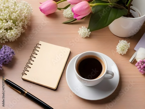 Office table with coffee cup notebook pen and flowers