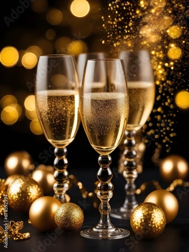 New Year 2024 background with glasses and champagne golden bokeh on a black background © ProShots
