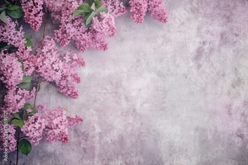 Lilac flowers and leaves on white wall