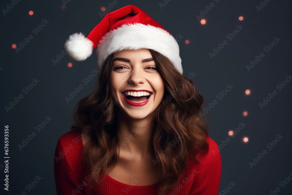 photo beautiful woman in santa hat feeling happy, generative ai photo beautiful woman in santa hat feeling happy, generative ai