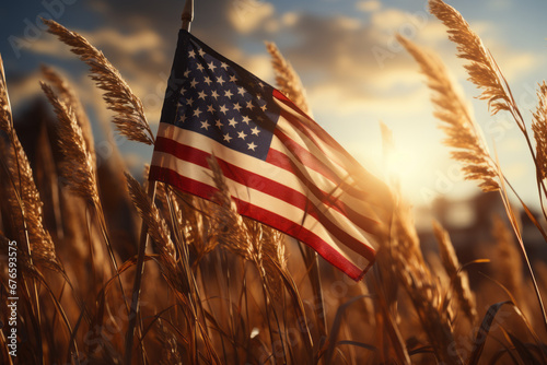 Sunset View of American Flag in Cornfield