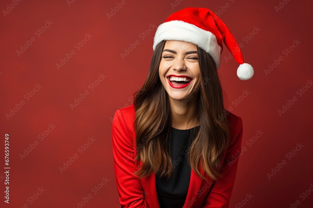 photo beautiful woman in santa hat feeling happy, generative ai photo beautiful woman in santa hat feeling happy, generative ai