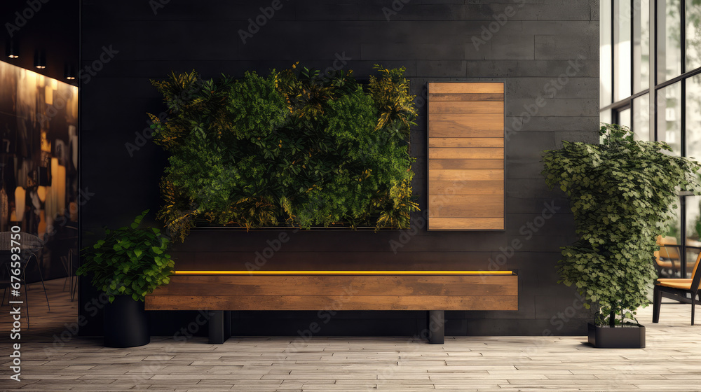 Mockup of outdoor blank sign for restaurant or cafe name, branding or logo. Empty signature template in natural plant leaves, wood and black panel style. Mockup of outdoor blank sign for restaurant or cafe name, branding or logo. Empty signature template in natural plant leaves, wood and black panel style.