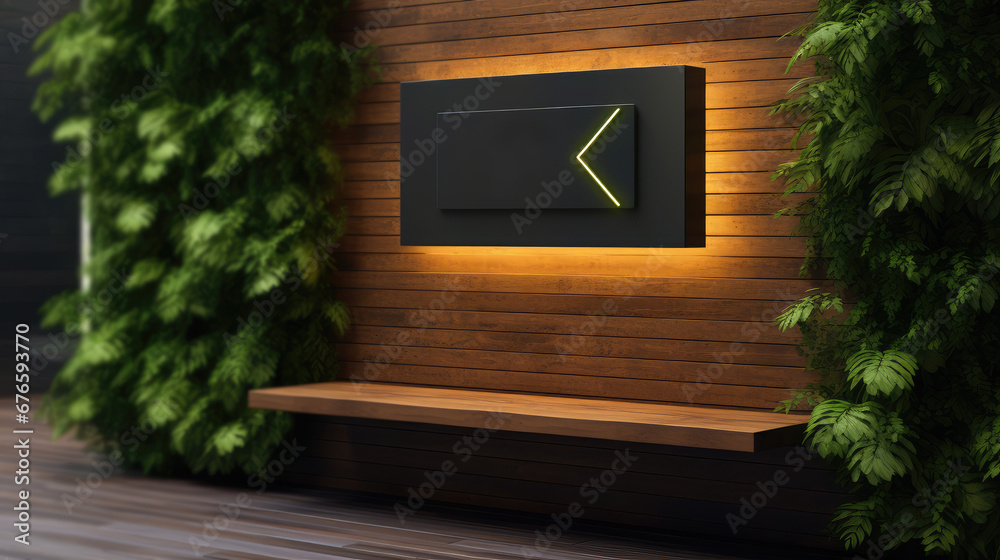 Mockup of outdoor blank sign for restaurant or cafe name, branding or logo. Empty signature template in natural plant leaves, wood and black panel style. 