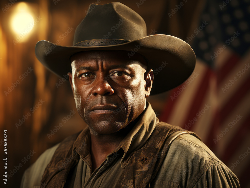 Black Farmer Proudly Standing in Front of American Flag on Barn Black Farmer Proudly Standing in Front of American Flag on Barn