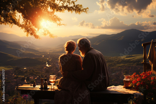 Patriotic Elderly Couple Enjoying Sunset from Flag-Adorned Porch