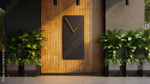 Fototapeta Naklejka Na Ścianę i Meble -  Mockup of outdoor blank sign for restaurant or cafe name, branding or logo. Empty signature template in natural plant leaves, wood and black panel style. 