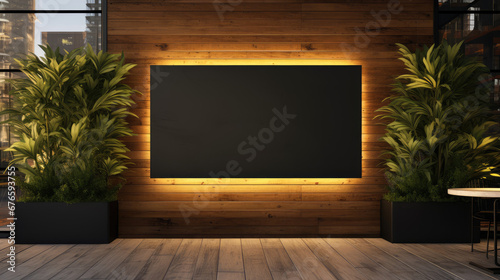 Mockup of outdoor blank sign for restaurant or cafe name, branding or logo. Empty signature template in natural plant leaves, wood and black panel style. 