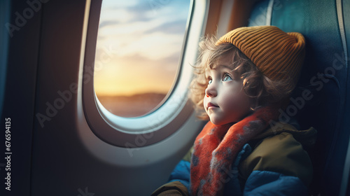Small child sit in the passenger seat on airplane and look dreamily out the porthole window at the sky. Traveling by airplane with children, portrait. photo