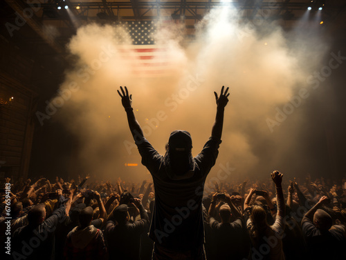 Concert Hip-Hop Performance with American Flag Backdrop