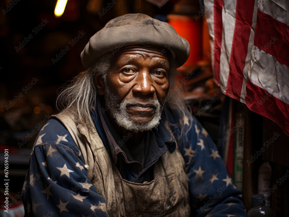 Proud Mechanic with American Flag at His Shop