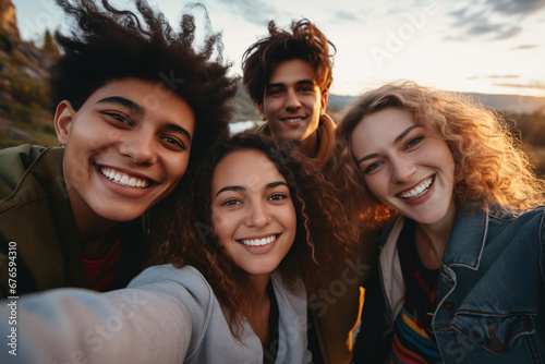 Diverse group of young adult friends taking a group selfie together, smiling in the camera