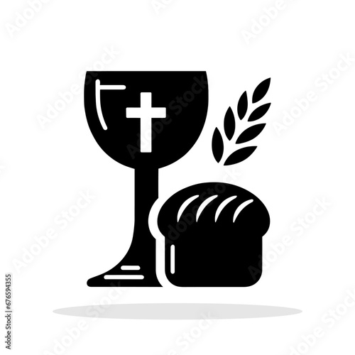 Black icon of the Chalice with a cross, an ear of corn and bread. Christian fellowship concept. Religious icon. Vector illustration.