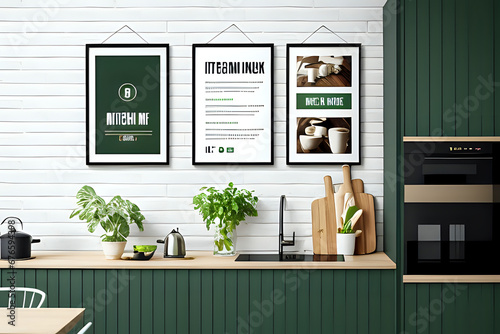 Mock up poster frame in kitchen interior and accessories with white brick slatted wall background photo
