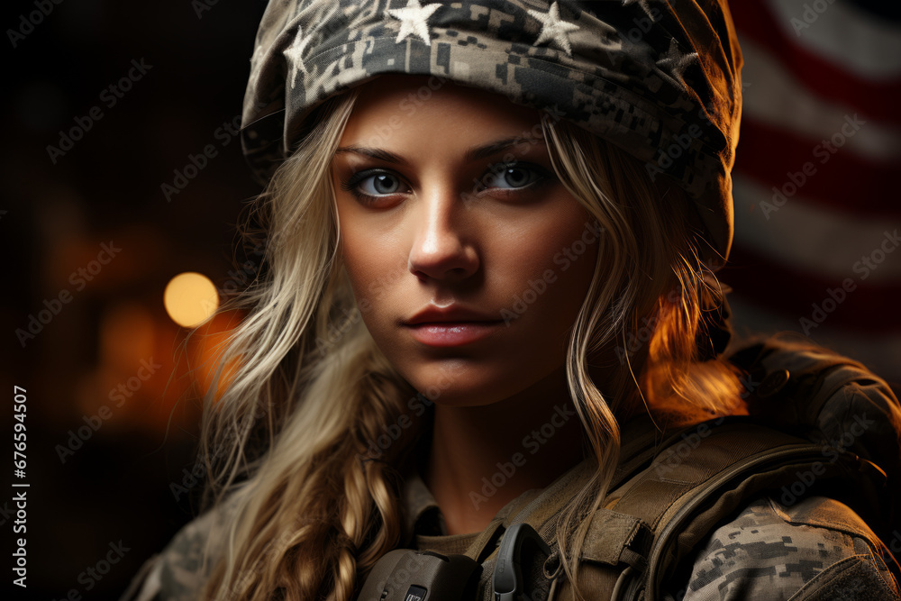 Portrait of Woman in Military Uniform with American Flag Portrait of Woman in Military Uniform with American Flag