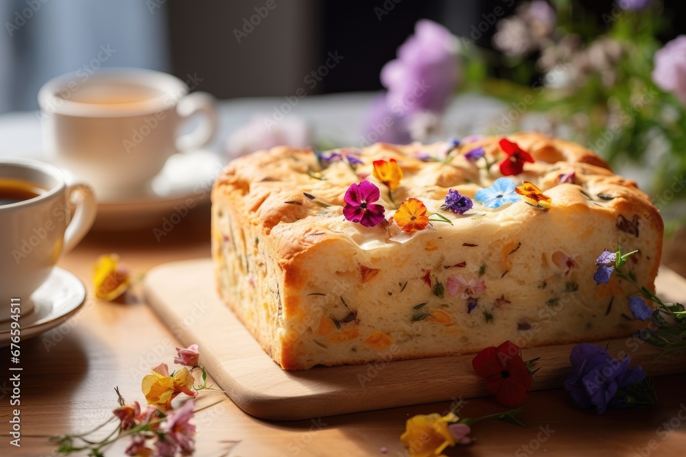 Floral focaccia with edible flower, veggies and herbs. Blooming bakery, bread art, food trend