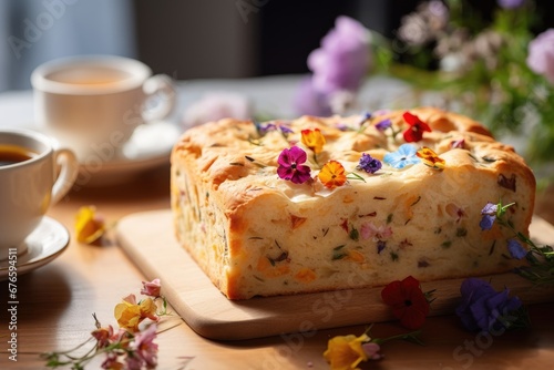 Floral focaccia with edible flower, veggies and herbs. Blooming bakery, bread art, food trend photo