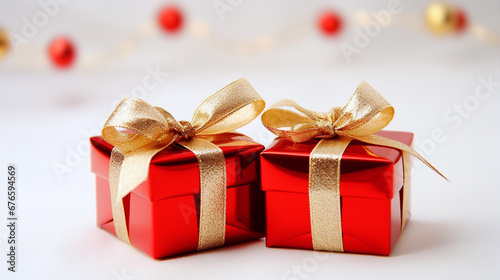 two red gift boxes decorated with gold ribbons with christmas balls in the background - Generative AI