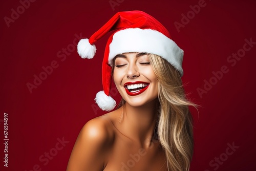 photo beautiful woman in santa hat feeling happy, generative ai