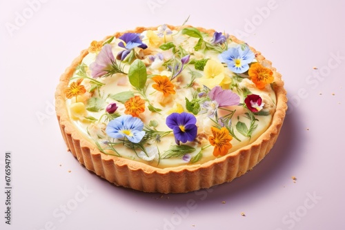 colorful sweet floral tart with edible flower, homemade bakery, trendy food