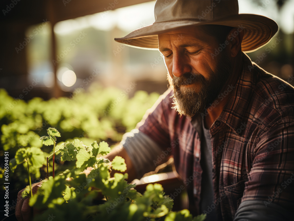 Young Farmer Planting Seedlings with American Flag Bandana Young Farmer Planting Seedlings with American Flag Bandana