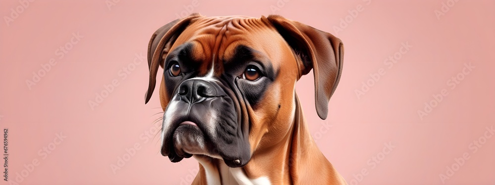 Studio portraits of a funny German boxer dog on a plain and colored background. Creative animal concept, dog on a uniform background for design and advertising.