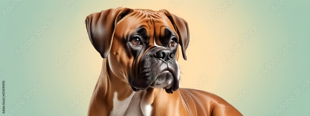 Studio portraits of a funny German boxer dog on a plain and colored background. Creative animal concept, dog on a uniform background for design and advertising.