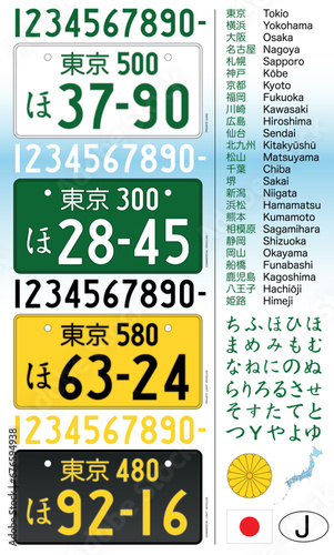 Japan car license plate style, letters, numbers and symbols, vector illustration, ASIA