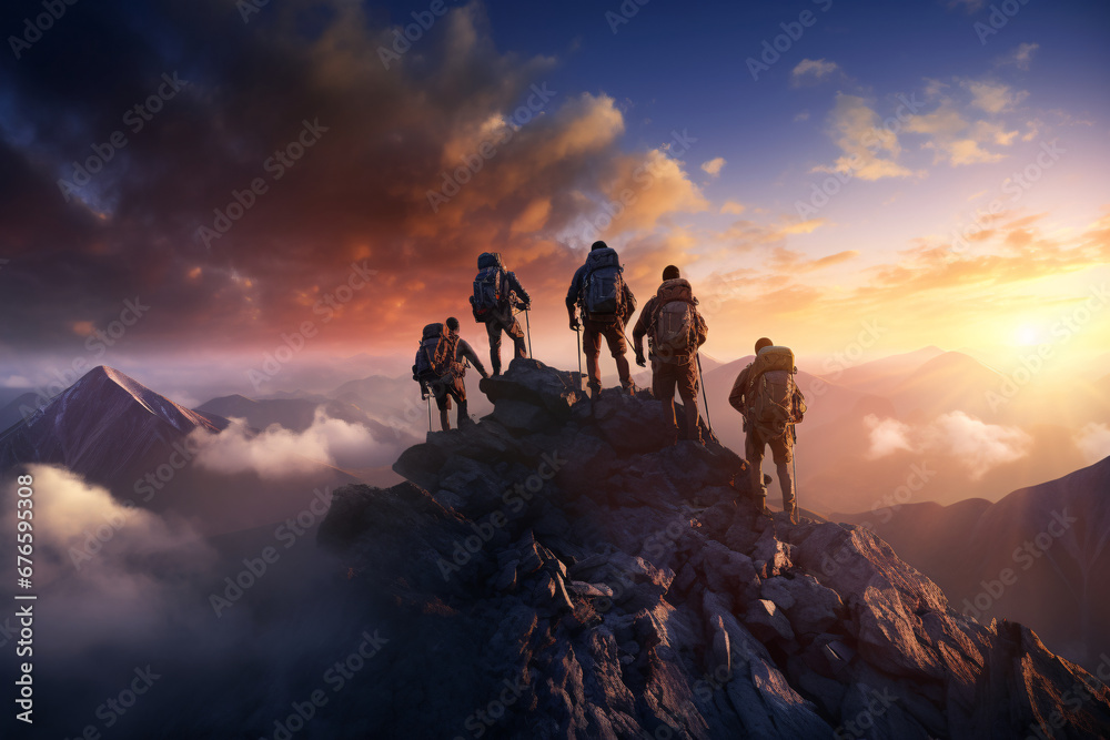 Fototapeta premium Mountaineers reaching the summit of a mountain together depicting the concept of success, reaching a goal or team work