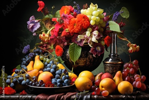 still life with fruits and flowers