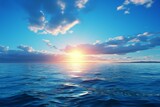 A beautiful expanse of blue water with a glowing sun on the edge of the sky. Generative AI