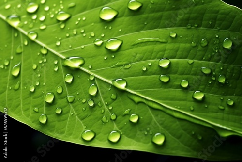 A beautiful fresh green leaf covered with raindrops and highlighted by the sun. The plant has a beautiful expressive structure. generative ai.
