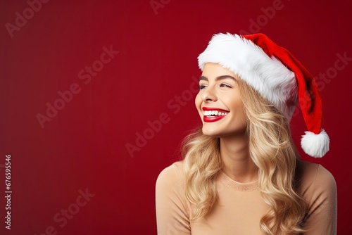 photo beautiful woman in santa hat feeling happy, generative ai