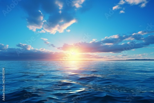 A beautiful expanse of blue water with a glowing sun on the edge of the sky. Generative AI © Ismael