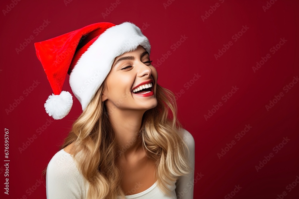photo beautiful woman in santa hat feeling happy, generative ai photo beautiful woman in santa hat feeling happy, generative ai