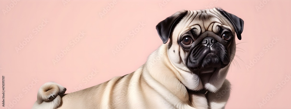 Studio portraits of a funny Pug dog on a plain and colored background. Creative animal concept, dog on a uniform background for design and advertising.