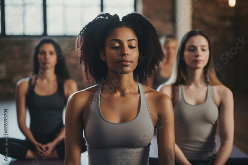Portrait of a woman meditating in yoga class with other participants blurry in the background, serene atmosphere © Dennis