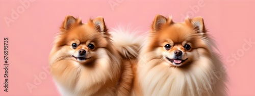 Studio portraits of a funny Pomeranian Spitz dog on a plain and colored background. Creative animal concept, dog on a uniform background for design and advertising. © 360VP