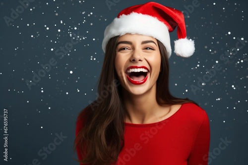 photo beautiful woman in santa hat feeling happy  generative ai