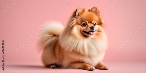 Studio portraits of a funny Pomeranian Spitz dog on a plain and colored background. Creative animal concept, dog on a uniform background for design and advertising.