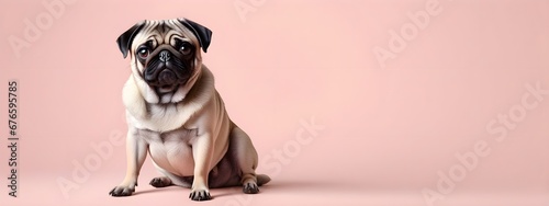 Studio portraits of a funny Pug dog on a plain and colored background. Creative animal concept, dog on a uniform background for design and advertising.