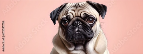 Studio portraits of a funny Pug dog on a plain and colored background. Creative animal concept, dog on a uniform background for design and advertising.