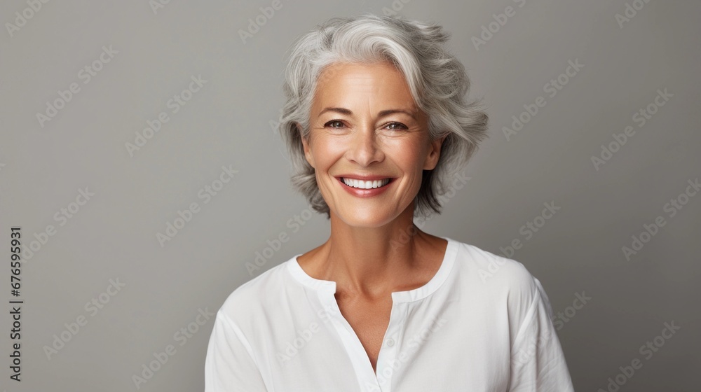Mature smiling woman, portrait of laughing pensioner with beautiful teeth and gray hair, healthy facial skin, beauty banner Mature smiling woman, portrait of laughing pensioner with beautiful teeth and gray hair, healthy facial skin, beauty banner