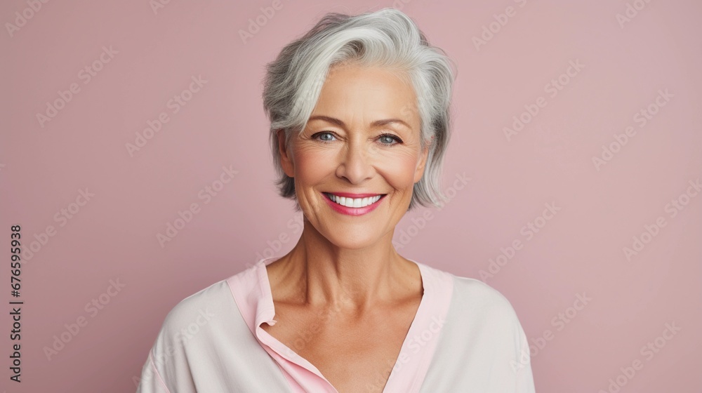 Elderly woman full of health, portrait of a smiling pensioner, healthy skin, wrinkles, skin care, pink background Elderly woman full of health, portrait of a smiling pensioner, healthy skin, wrinkles, skin care, pink background