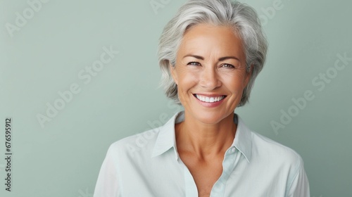 Woman in her prime, healthy teeth and skin, smiling elderly woman, dermatological background