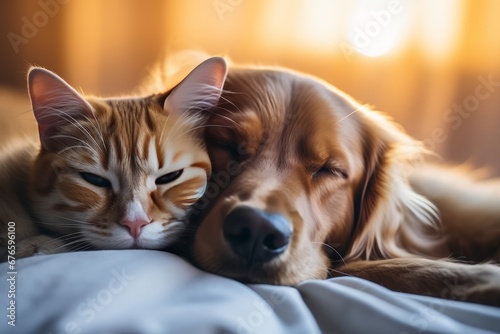 Sweet and cuddly kitty snuggled up with an adorable puppy on a comfortable bright living room couch
