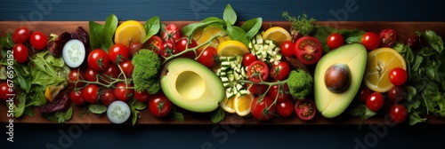 Avocado salad with cherry tomatoes  cucumber  red onion  and lettuce on blue background