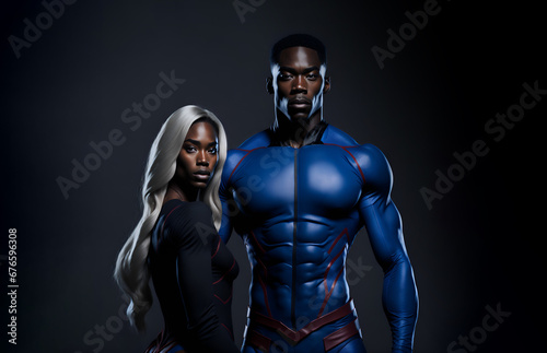 Black couple in superhero costume. African american guy and lady in super hero suit